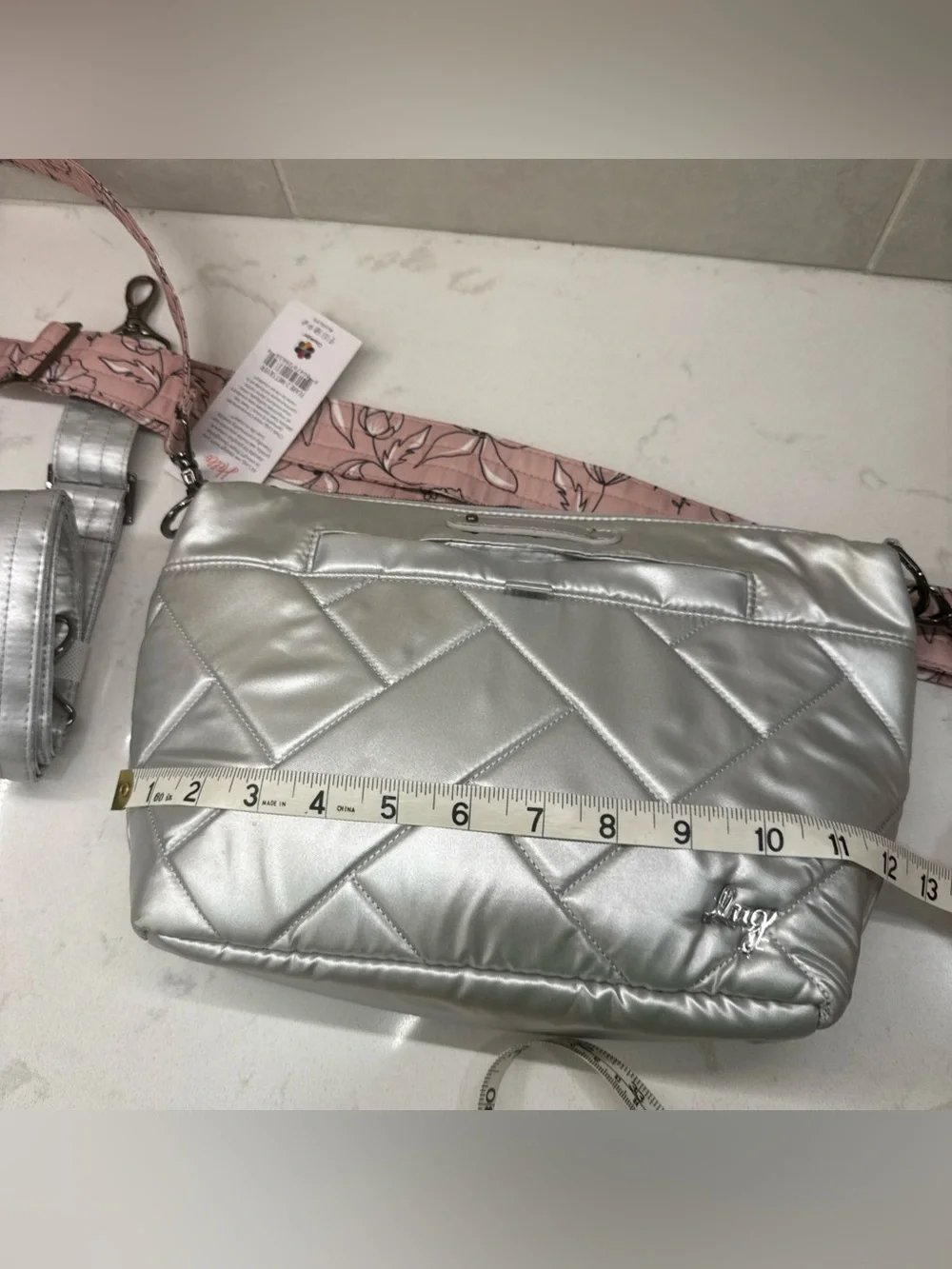 NWT lug Flare Metallic Silver Quilted Crossbody with Pink Floral & silver straps